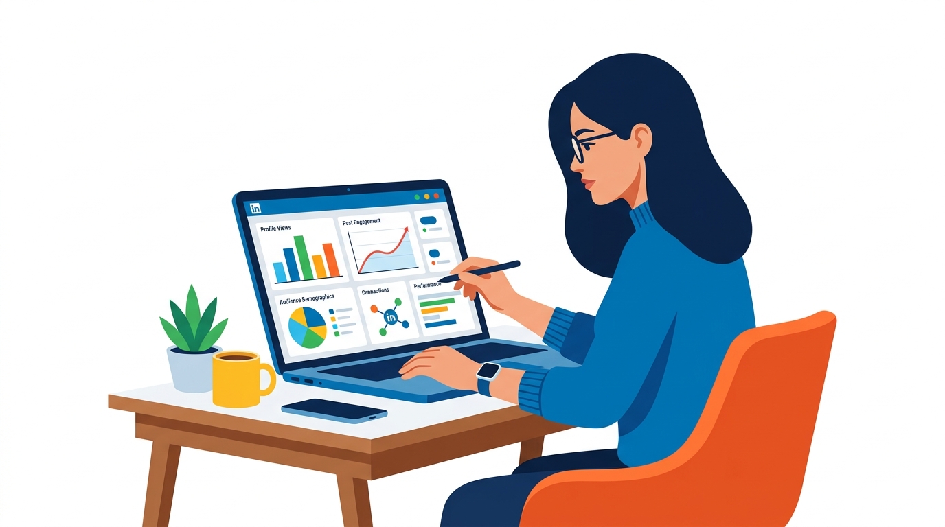 Person analyzing LinkedIn dashboard with graphs on a laptop