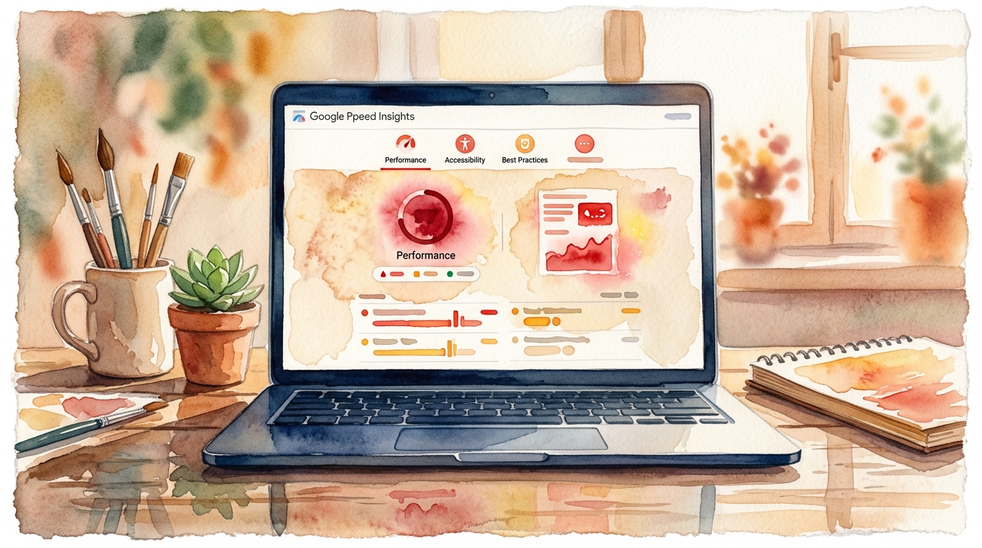 Laptop showing Google PageSpeed Insights dashboard with red warning indicators