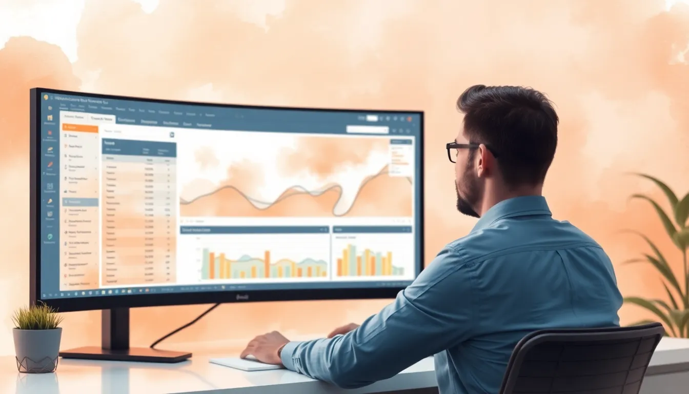 Man analyzing competitor backlink profile on large monitor