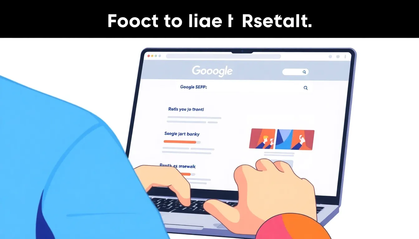 Person reviewing a laptop screen showing a Google SERP with multiple highlighted features