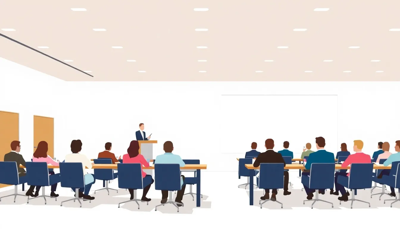 Salle de conférence moderne avec des professionnels en discussion de groupe