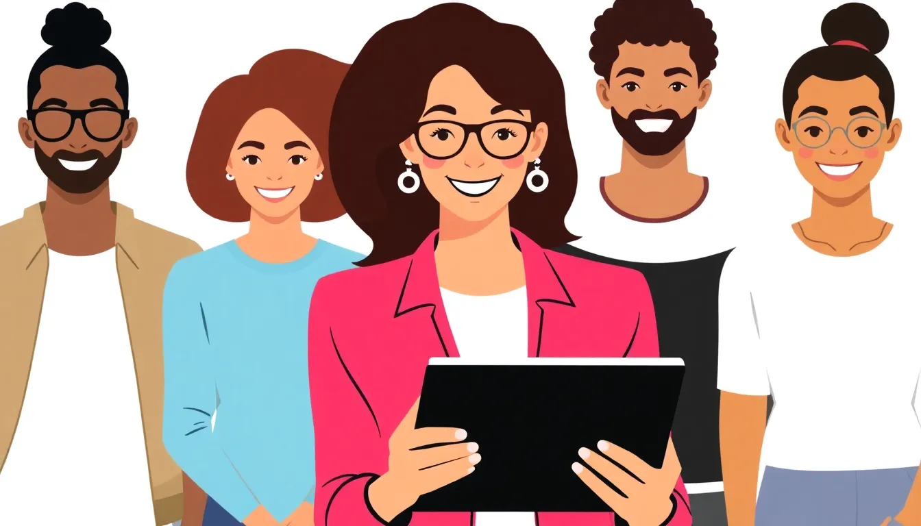 Femme tenant une tablette devant une équipe diversifiée en réunion