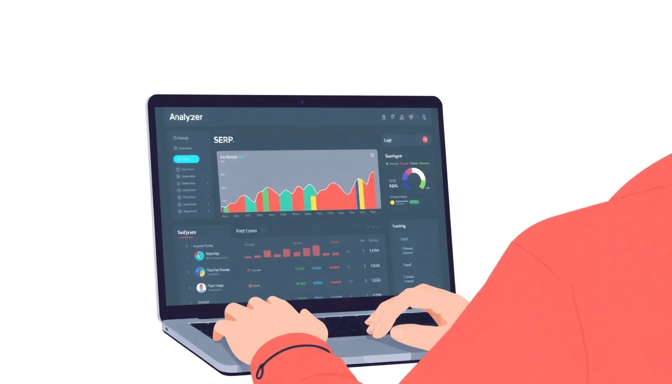 Person using laptop with a SERP analyzer dashboard shown on screen