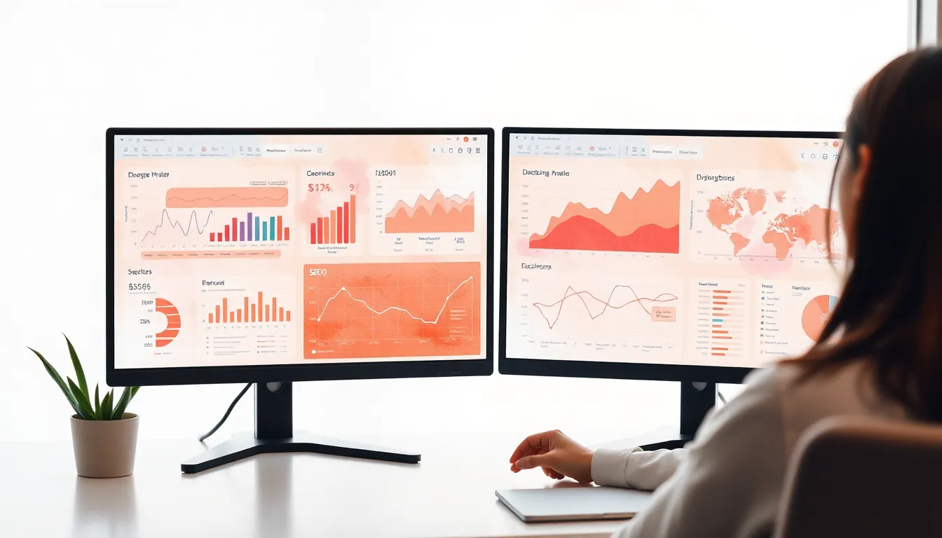 Person comparing SEO dashboards on two monitors in a modern office