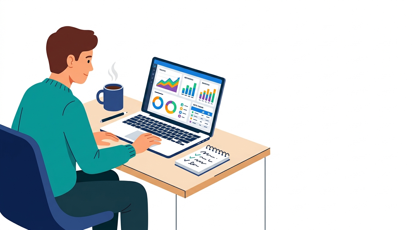Person analyzing SEO dashboard on laptop, coffee mug and notebook nearby