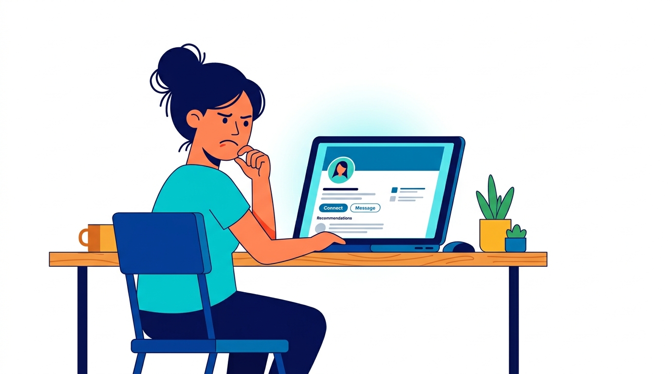 Person frowning at laptop screen showing LinkedIn profile with low views