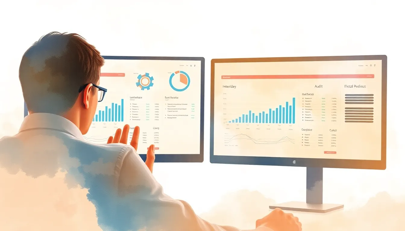 Person scrutinizing website audit dashboard on dual monitors, one showing PageSpeed Insights