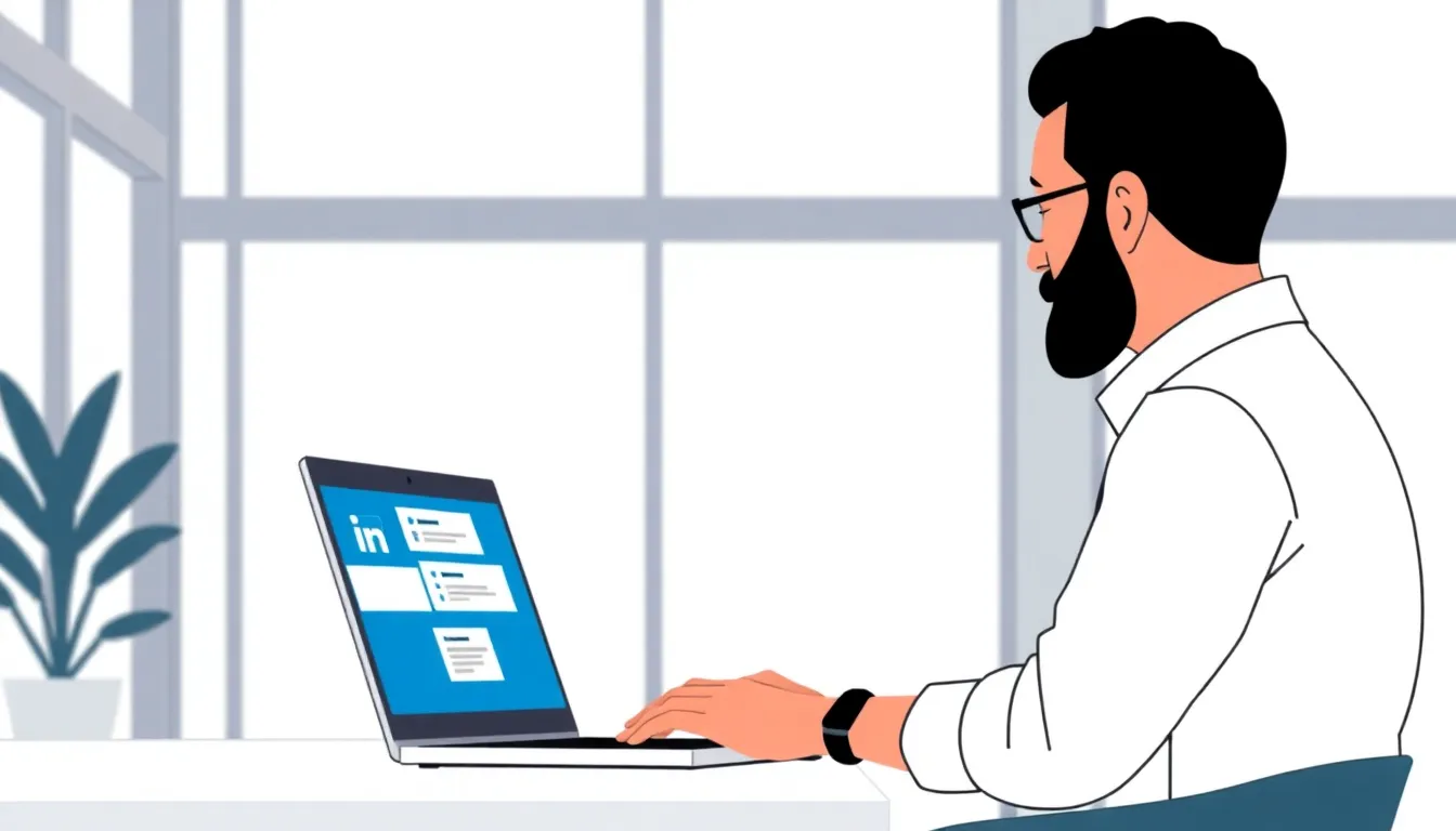 Person reviewing LinkedIn connections on laptop at a modern workspace