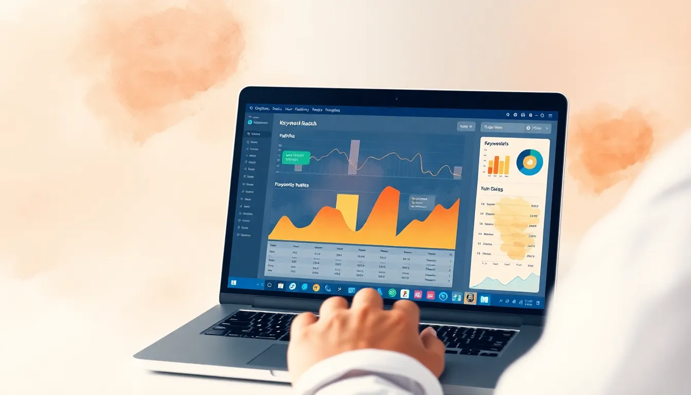 Person analyzing keyword research dashboard on a laptop