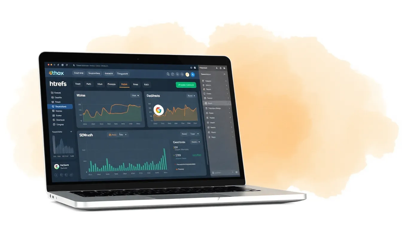 Laptop screen showing Ahrefs, Moz, and SEMrush dashboards side by side